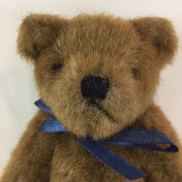 Plush Stuffed Brown Bear Jointed Limbs With Blue Ribbon 7"  Serious Expression - Picture 2 of 5